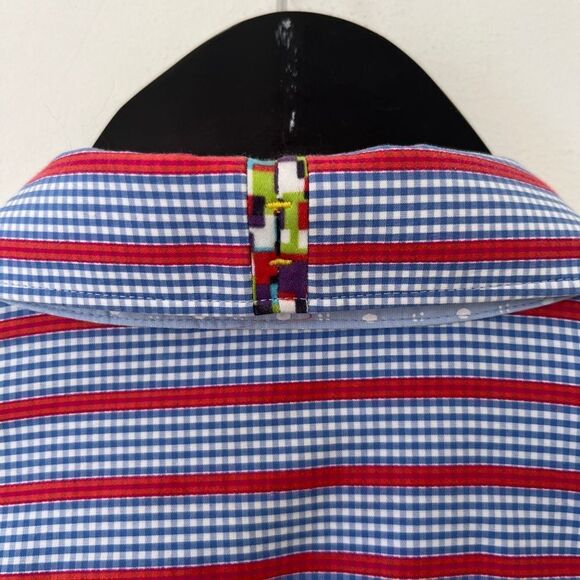 Robert Graham Blue Red Stripe Contrasting Cuffs Button Down Dress Shirt - Picture 13 of 14